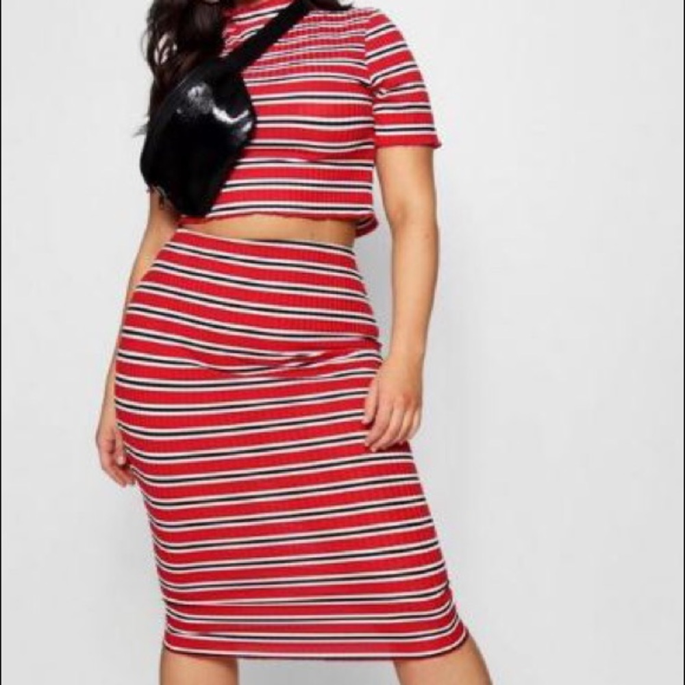Boohoo Plus Red Stripe Bodycon Skirt/Top Set US16